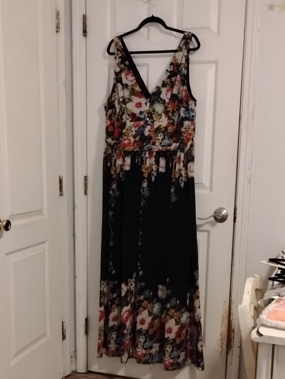 Floral V-Neck Maxi Dress in Black with Multicolor Blooms